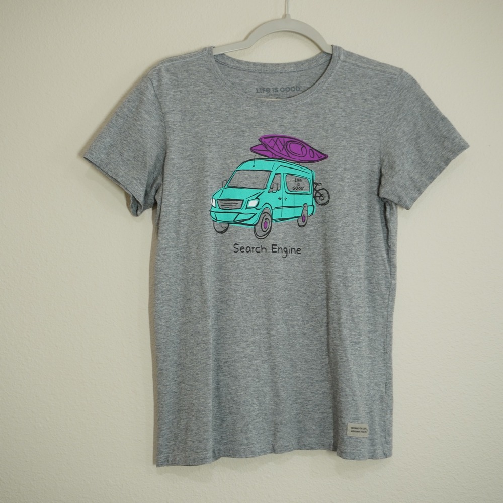 Life is Good Womens Small Gray Crusher Lite Search Engine Camper Van T-Shirt